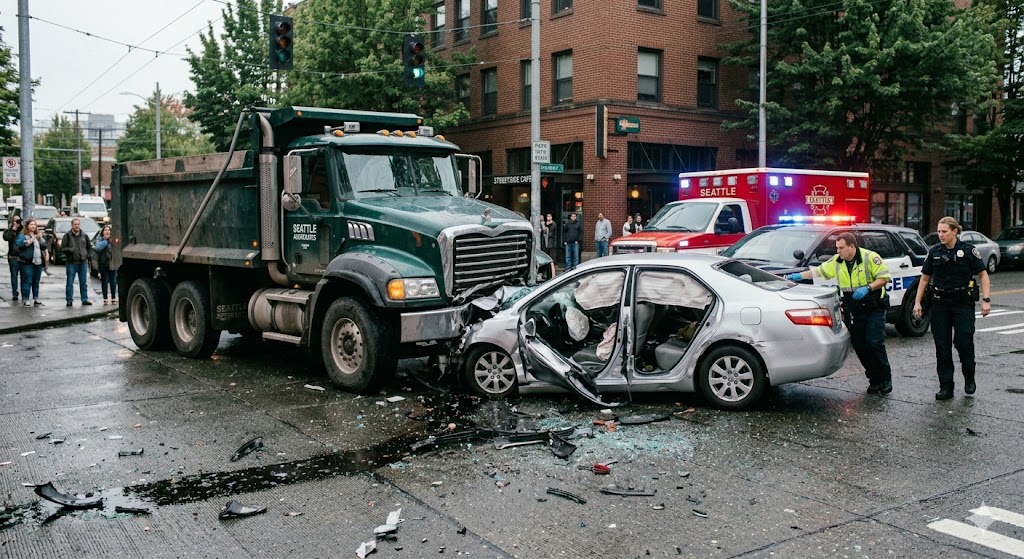 Truck totally destroying a car in an accident