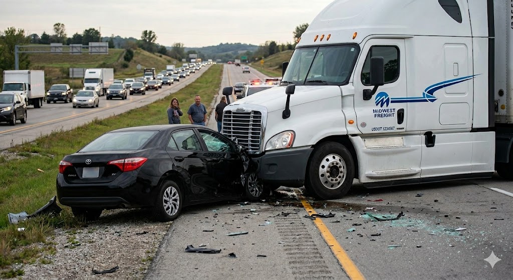 Truck on freeway smashed into a black car