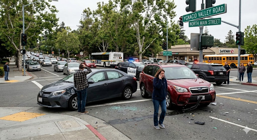 Cars crashed at the intersection of Ygnacio Valley Road and North Main Street in Walnut Creek, Ca.